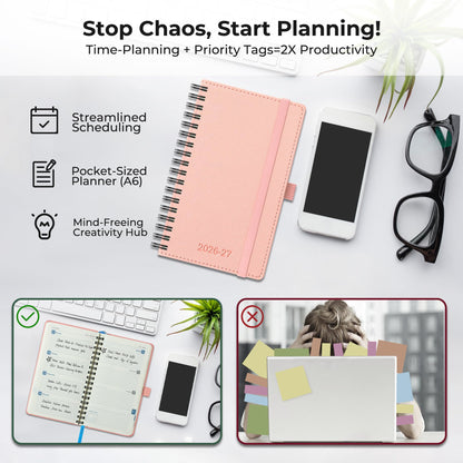 IN-LUXPRO Planner 2026-2027 Daily Weekly and Monthly,6.5"x3.75",18 Months Spiral Bound Calendar Agenda with Self-adhesive Pen Holder,2026 Academic Plan with Vegan Leather Soft Cover,Pink