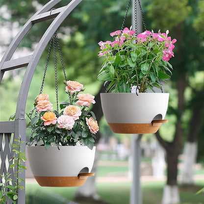 UOUZ Set of 3-10 Inch Self Watering Hanging Planters for Indoor Outdoor，Hanging Plant Pots with Drainage & Removable Tray, Hanging Pots Holder for Pothos Plant, Ferns, Balcony & Patio,White with Brown