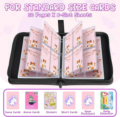 Premium 4 Pocket Trading Card Binder,400 Capacity with 50 Removable Sleeves | PU Leather Zipper Album Book for Sports Cards, Game | Card Storage & Organization for Girls Collector Sakura Pink