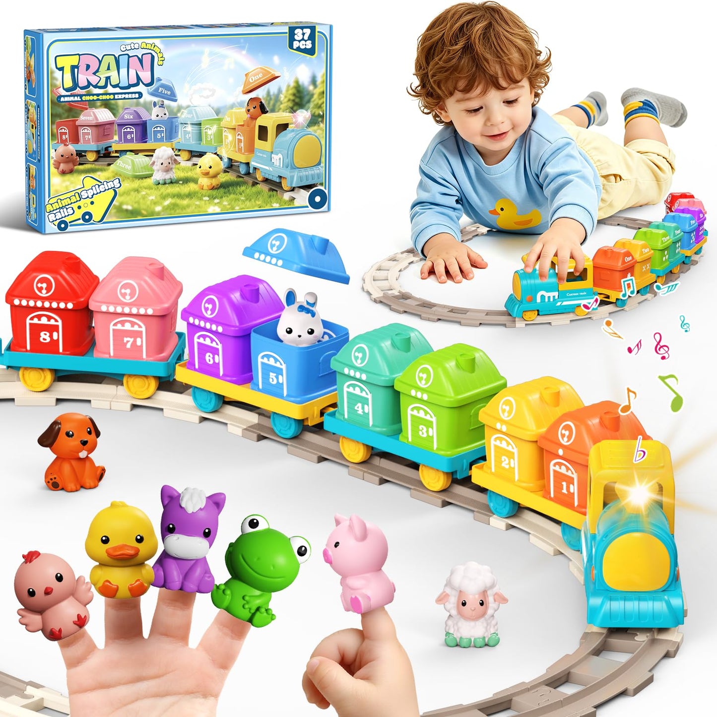 Train Set Toy for Toddlers 1-3, Montessori Learning Matching & Sorting Toys for 1 2 3 Year Old, Electric Train with Farm Animals Finger Puppets, Christmas Birthday Gift for Boys Girls (Blue)
