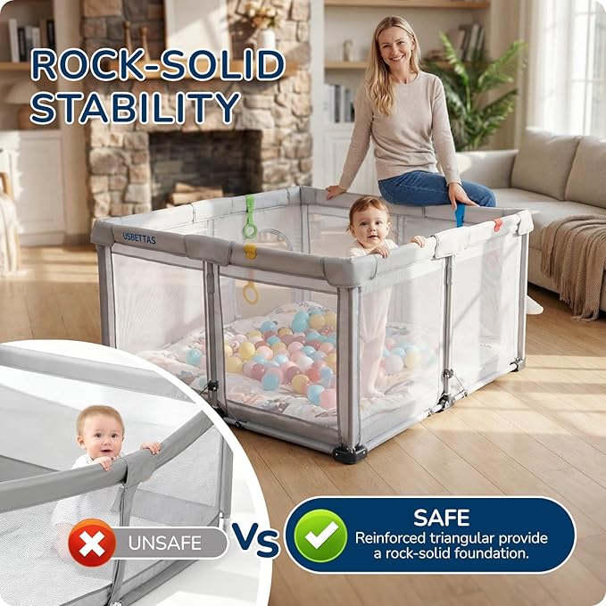 Foldable Baby Playpen, 1-Minute Setup, Lightweight Portable Playpen with Carry Bag, 50"x50" Indoor Outdoor Safty Play Yard for Babies & Toddlers, Light Gray