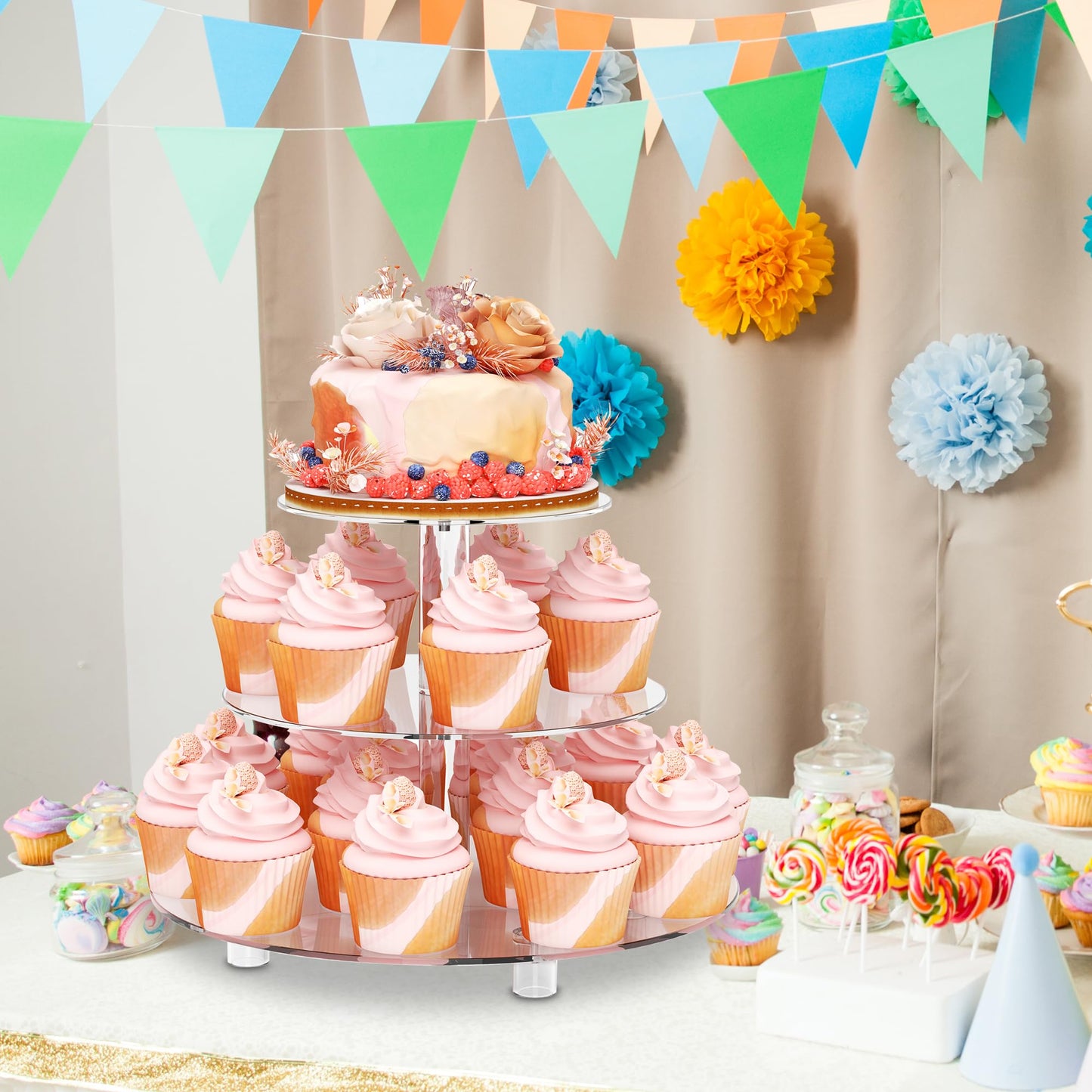 Acrylic Cupcake Stand, Clear Dessert Tower Holder Display with Base for Wedding, Party, Baby Shower, 3 Tier Round, Transparent