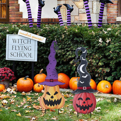 YEAHOME Halloween Decorations Outdoor, Set of 2 Pumpkin Garden Stakes with Witch Hats for Halloween Decor, Jack o' Lantern Metal Pumpkin Yard Signs for Outside Garden Lawn Patio Party Decorations