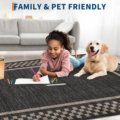 Small Bedroom Area Rug 3x5 Checkered Area Rug for Living Room Nursery Non Slip Kitchen Throw Carpet Low Pile Modern Bordered Rugs Washable Bathroom Mat Soft Brown Rugs for Laundry Entryway, Black