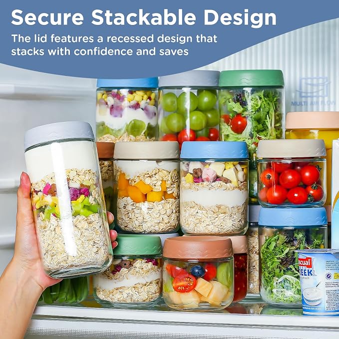 DRKIO 24 Oz Overnight Oats Containers with Lids - 4 Pack Glass Storage Jars with Airtight Lids Wide Mouth Mason Food Jars Great for Meal Prep Salad Chia Pudding Snacks Yogurt Sugar Spice Cereal