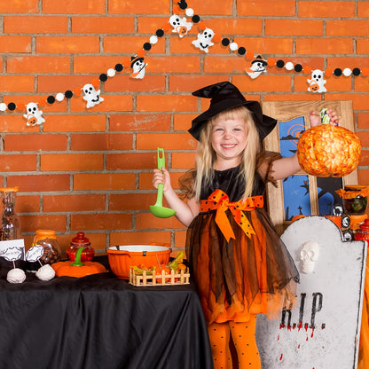 JarThenaAMCS 8.2Ft Halloween Felt Banner 3D Ghost Hanging Garland Black Orange White Pom Ball Banner for Trick or Treat Birthday Home Mantel Wall Window Party Supplies