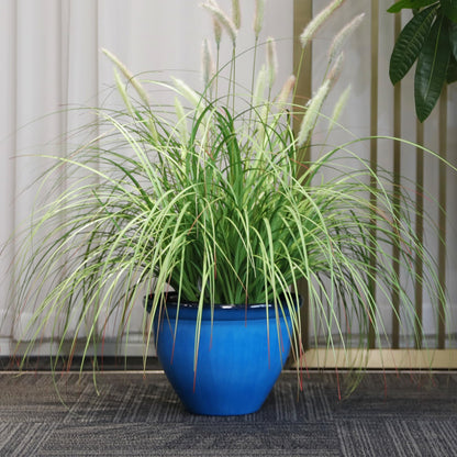 Worth Garden 12-Inch Dia. Round Blue Plastic Planters with Drain Holes, 9.5-Inch Height - 4-Pack Glossy Finish Bell-Shaped Plant Pot – Lightweight Indoor/Outdoor Flower Pots