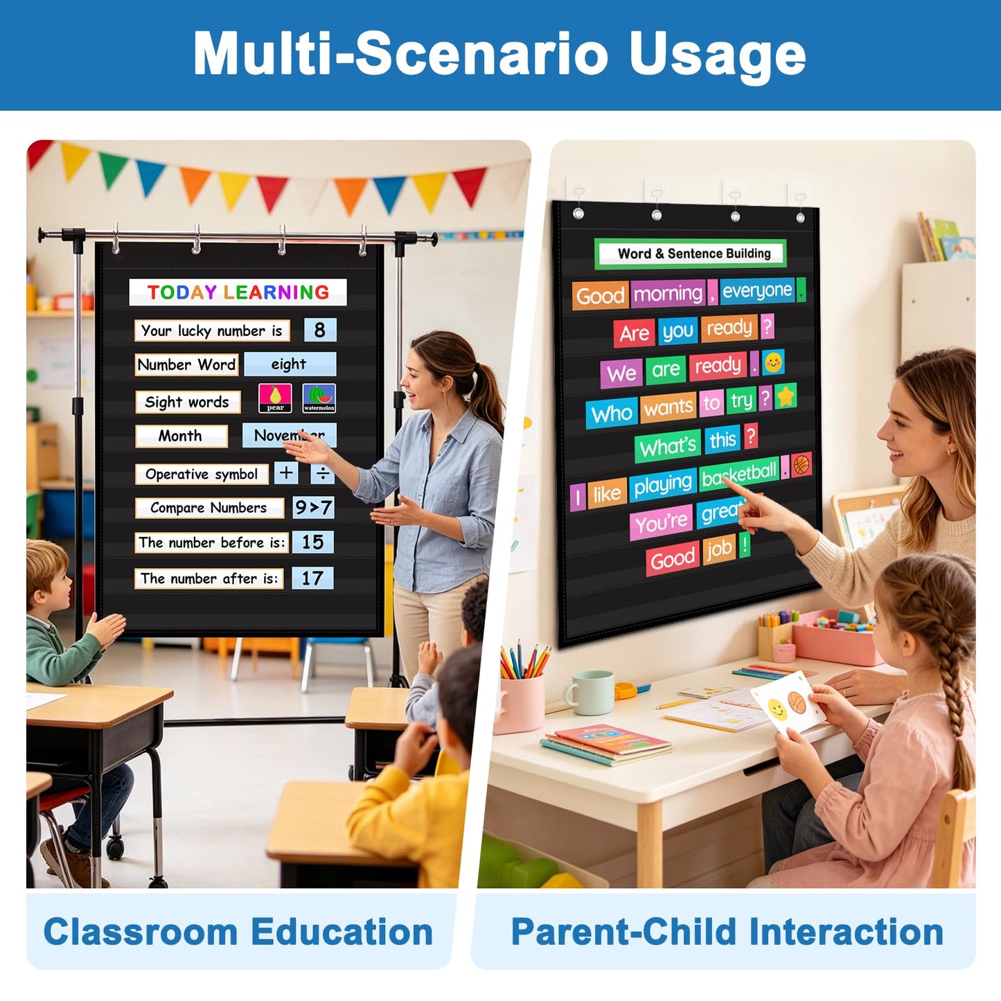 AUVCAS Pocket Chart for Classroom & Homeschool,10 Clear Pocket Hanging Organizer for Sentence Strips,Word Walls & Calendar Display,Holds All Standard Cards,Heavy Duty 43" x 28" - Black