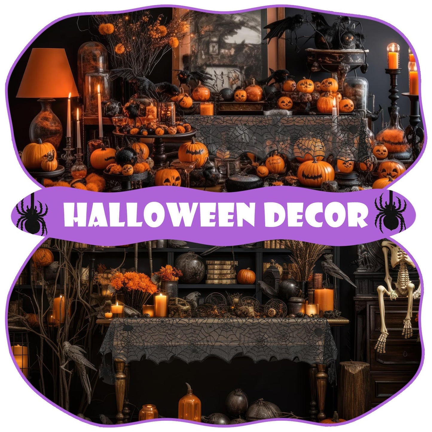 Windkream 18 x 72 Inch Halloween Table Runners Black Lace Spider Web Table Runner with Crawling Spider Gothic Halloween Decorations for Masquerade Themed Party Dinner Mantel Indoor Decor