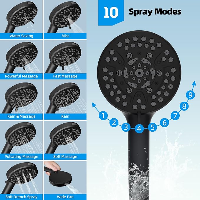Hibbent All Metal High Pressure Rainfall 10'' Shower Head, CUPC Certified Handheld Showerhead Combo, 12'' Adjustable Shower Extension Arm, 10-Spray, 71'' Hose, Adhesive Showerhead Holder, Matte Black
