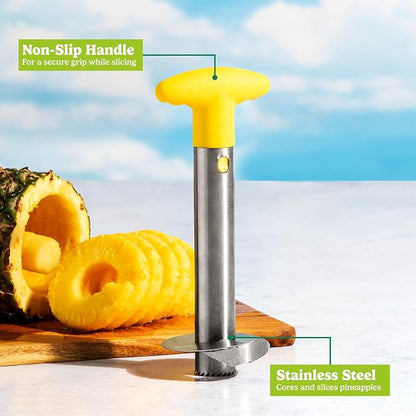 Tasty Pineapple Slicer, Stainless Steel with Non-Slip Handle, Cores & Slices Pineapples into Even Rings in Seconds, Easy to Use, Yellow