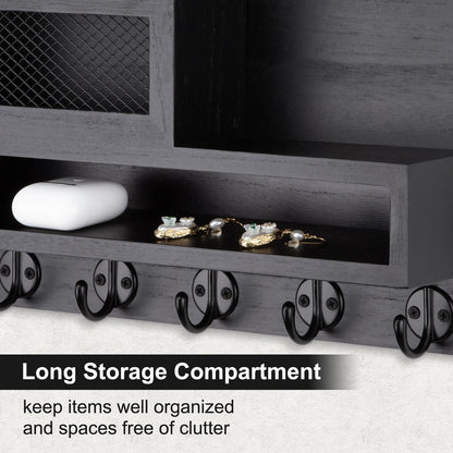 Lucundm Key and Mail Holder Wall Mount, Key Hanger with Long Storage Box and 5 Hooks for Coat, Dog Leash, Home Decor Rack, House Accessories, Entry Way Organizer 11.8”W x 7.8”H x 3.2”D