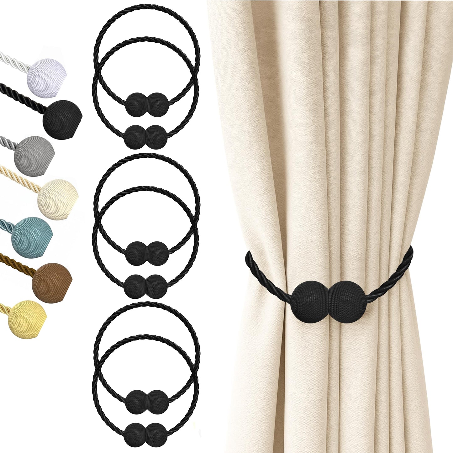 Hion Magnetic Curtain Tiebacks Black 6 Pack, Curtain Tiebacks Buckles Holdbacks Holders Hooks Clip for Home Bedroom Office Decorative Thick or Thin Curtain