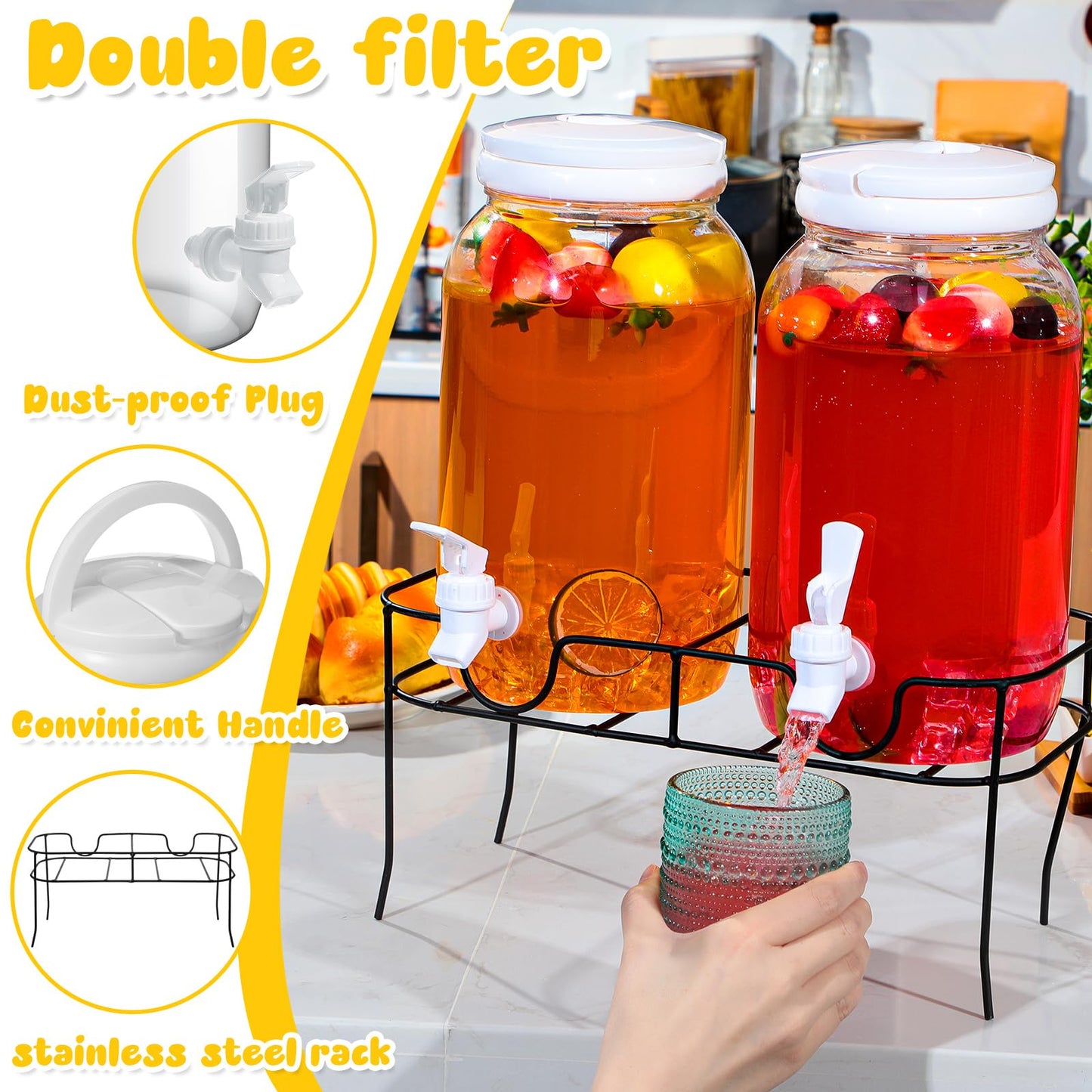 Tanlade 2 Pcs Plastic Drink Dispenser with Stand Beverage Dispenser with Sturdy Metal Base Juice Dispensers for Parties Lemonade Jar with Spigot for Weddings Countertop Water Tea, Each 1 Gallon