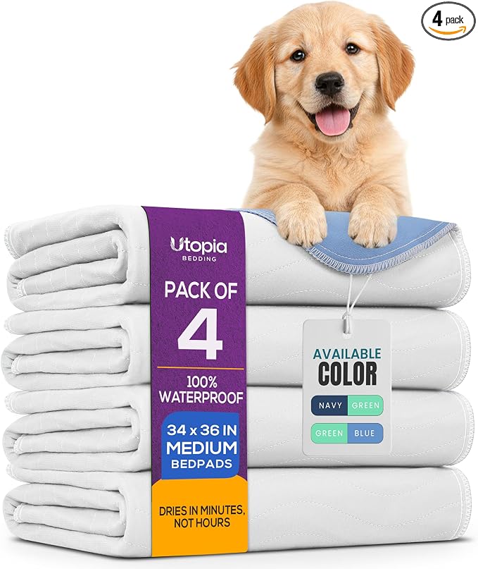 Utopia Bedding Washable Pee Pads for Dogs 34" x 36" (Pack of 4), Waterproof Incontinence Bed Pads for Adults, Elderly and Kids, Heavy Absorbency Pet Training Pads for Sofa and Couch (White, Blue)