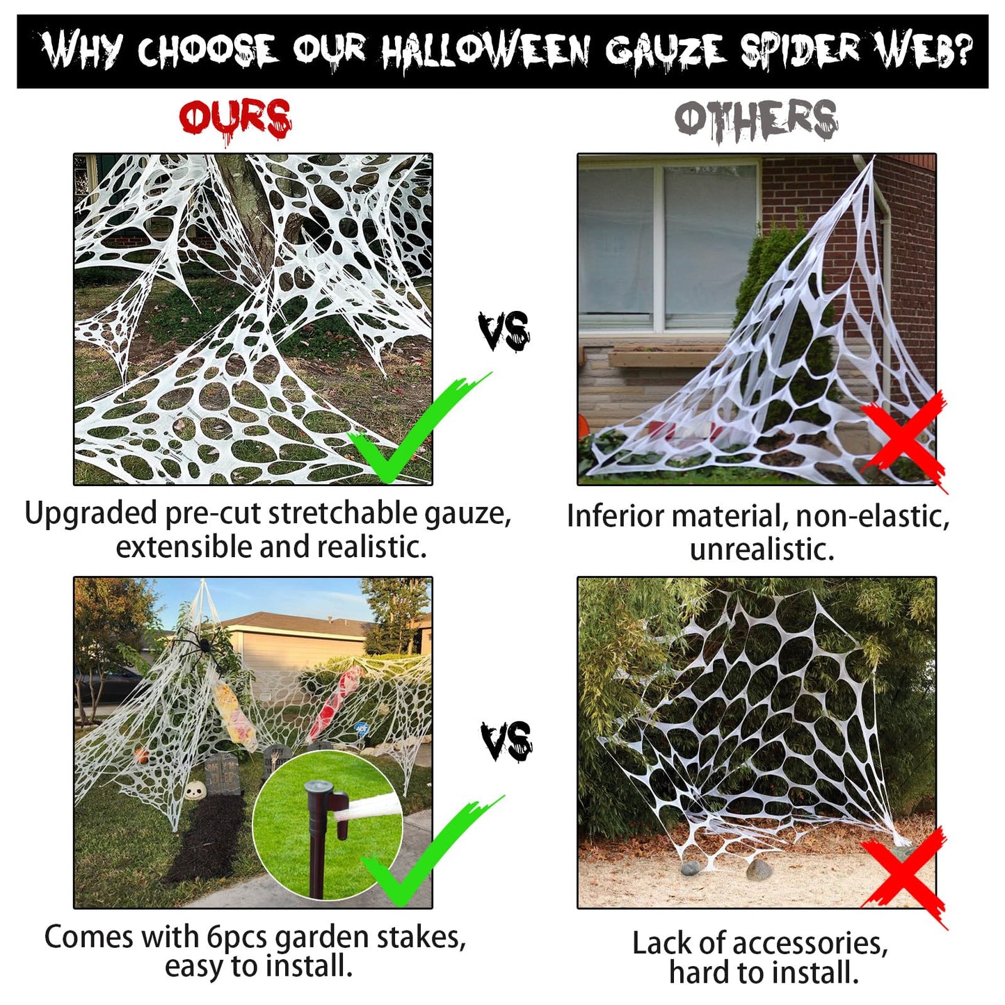 Runleo Giant Spider Webs Halloween Decorations Outdoor, Pre-Cut Super Stretchy Beef Netting DIY Spider Webbing with Stakes, Gauze Spiderwebs Cobwebs for Haunted House Yard Tree Party Indoor Decor