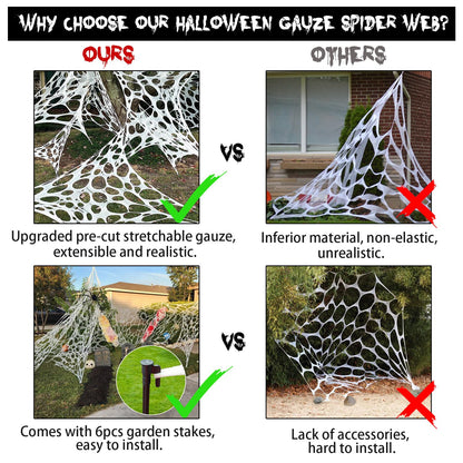 Runleo Giant Spider Webs Halloween Decorations Outdoor, Pre-Cut Super Stretchy Beef Netting DIY Spider Webbing with Stakes, Gauze Spiderwebs Cobwebs for Haunted House Yard Tree Party Indoor Decor