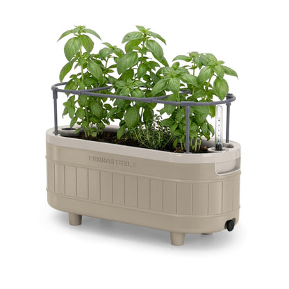 Permasteel Herb Garden Planter with Trellis Support, Self-Watering System with Water Level Indicator, Fits Multiple Herb Plants, for Basil, Flowers, Succulents, Indoor & Outdoor, Taupe