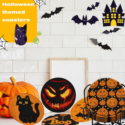 Demonwer 8 Halloween Diamond Art Coasters with Holder DIY Halloween Diamond Dot Coasters 5d Full Drill Diamond Coasters for Adults