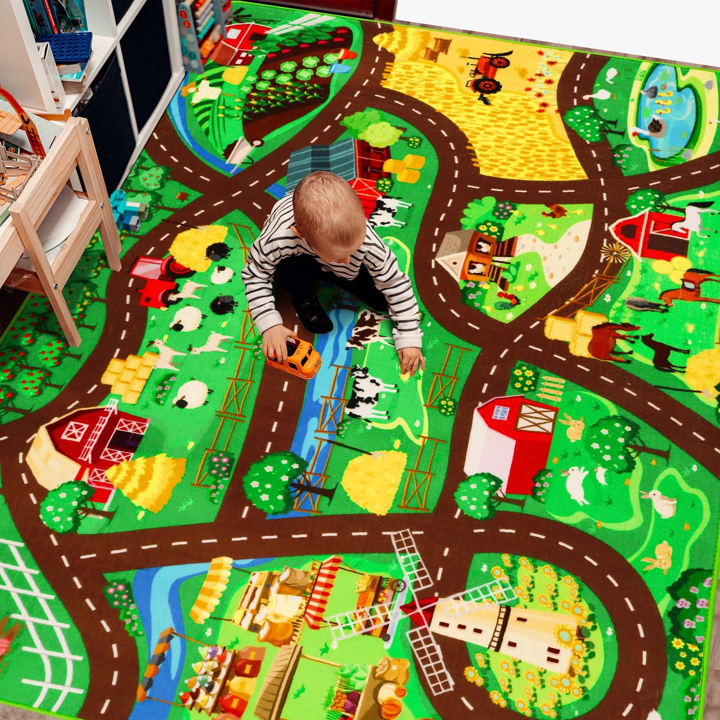 Kids Car Carpet,4'11" x 6'7" Car Rugs for Kids Toy Cars,Non-Slip Farmhouse Road Rug for Kid,Kid Room Race Track Rug,Pasture Track Mat Car Play Rugs for Playroom Bedroom Boys(for Age 2+)