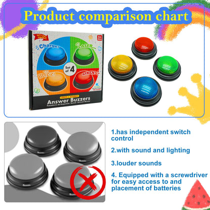 Gelabur Set of 4 Buzzers for Trivia Games, Answer Buzzers for Classroom, Family Feud Jeopardy Buzzer, Game Buzzers with Lights and Sound for Classroom, Game Show Buzzer Buttons