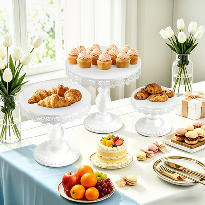 VMFKPNR 3 PCS White Cake Stands (8"&10"&12" Plate), Cupcake Stand with a lace Hollow Border Metal Cake Stand Set for Birthday Party, Wedding, Anniversary, Baby Shower