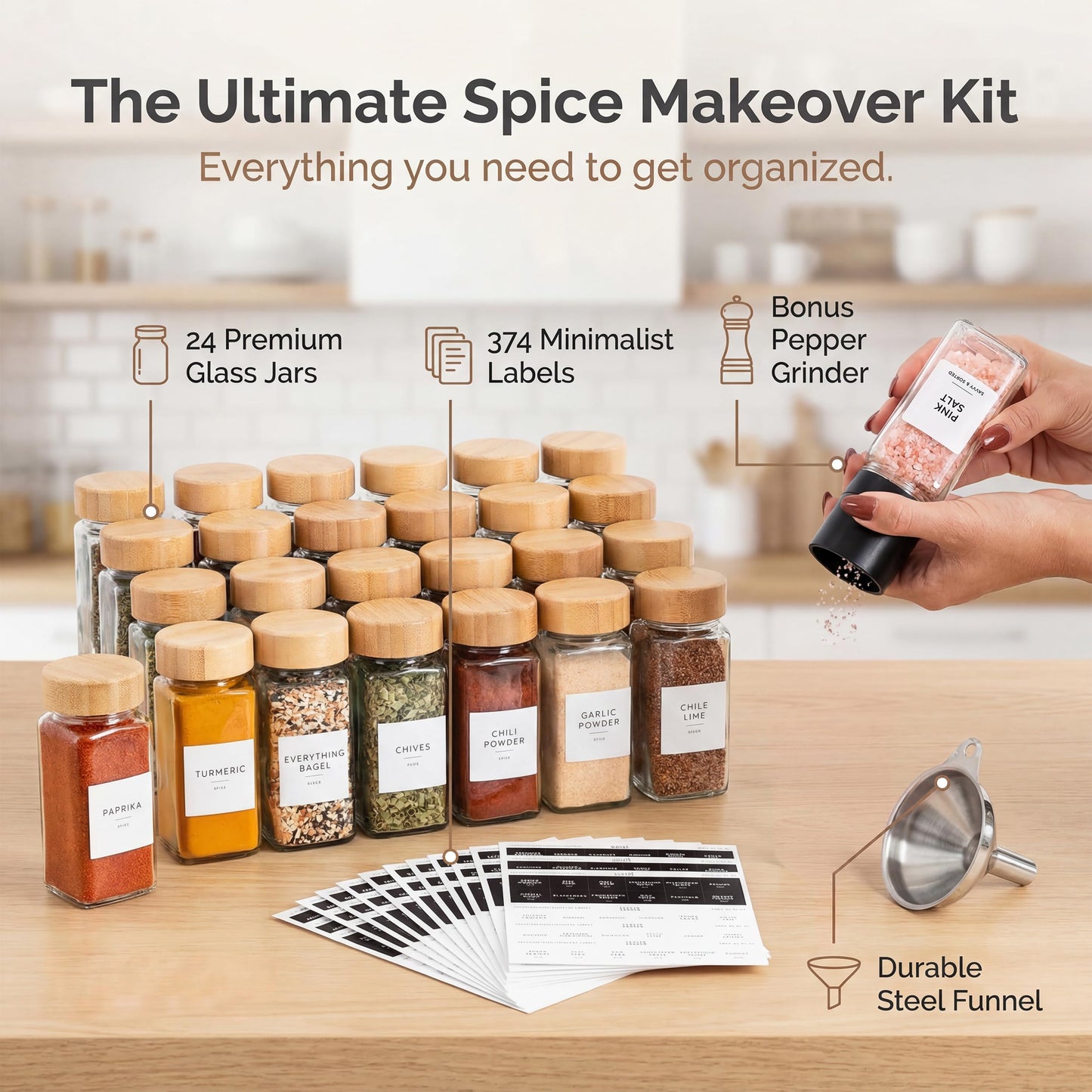 SAVVY & SORTED Glass Spice Jars with Label, 24PK Bamboo Jar Spices Set 4oz, 374 Spice Labels, Pepper Grinder, Empty Herb Seasoning Containers, Funnel and Shaker Lids