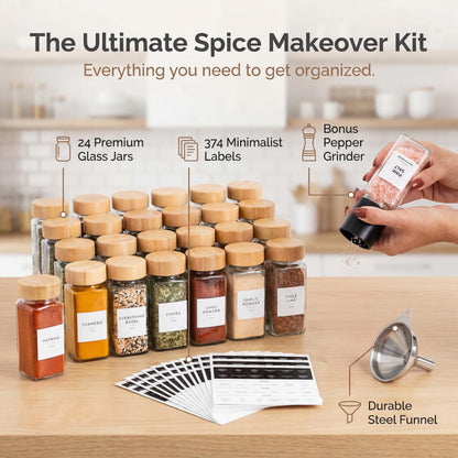 SAVVY & SORTED Glass Spice Jars with Label, 24PK Bamboo Jar Spices Set 4oz, 374 Spice Labels, Pepper Grinder, Empty Herb Seasoning Containers, Funnel and Shaker Lids