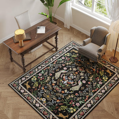 Living Room Rug 5x7 Rug Machine Washable Area Rug Floral Non-Slip Low Pile Large Rugs for Living Room, Bedroom, Farmhouse, Dining Room, Kids Playroom (Vibrant Black)