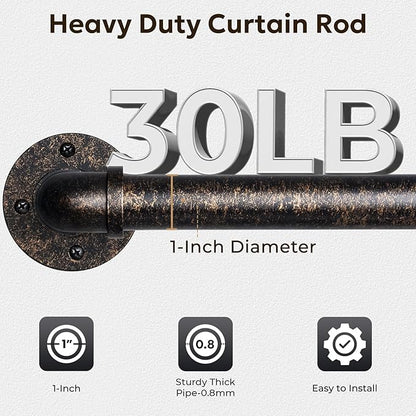 Zeerobee Curtain Rods for Windows 66 to 120, 1 Inch Industrial Wrap Around Vintage Bronze Curtain Rod, Indoor/Outdoor Room Divider Adjustable Drapery Pole, 66"-120"