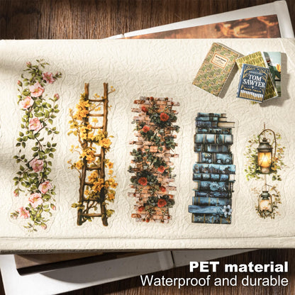 AuriicLeaf Bookish Garden PET Sticker Set, 120PCS Floral and Book Themed Scrapbooking Stickers, Waterproof Stickers for Journal, Diary, DIY Crafts