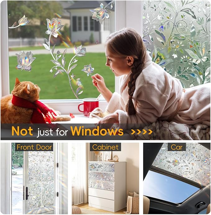 Rainbow Window Privacy Film Decorative, Stained Glass Tint for Home, 3D Decals Clings for Glass, Static Cling Sticker, Suncatcher Cover,45.2" by 78.74"