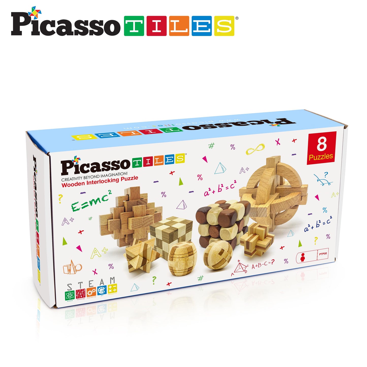 PicassoTiles 8 Styles Interlocking Sensory Toys Wooden Burr Cube, Ball and Barrels Logic Skill Genius Puzzle Brain Teaser Games & Intellectual 3D Assembling Educational Toy Set for Kids & Adults PTP08