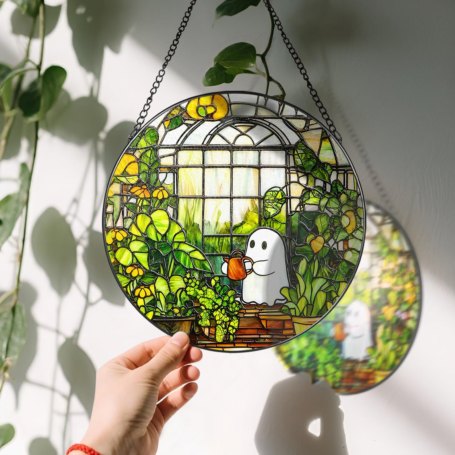 LAOWEIKI 8'' Halloween Ghost Greenhouse Sun Catcher Ornament, Stained Glass Window Hanging, Sun Catchers for Windows Hanging Ornaments, Window Decor, Holiday Present, Ideal Gift | Plant Lovers Gifts