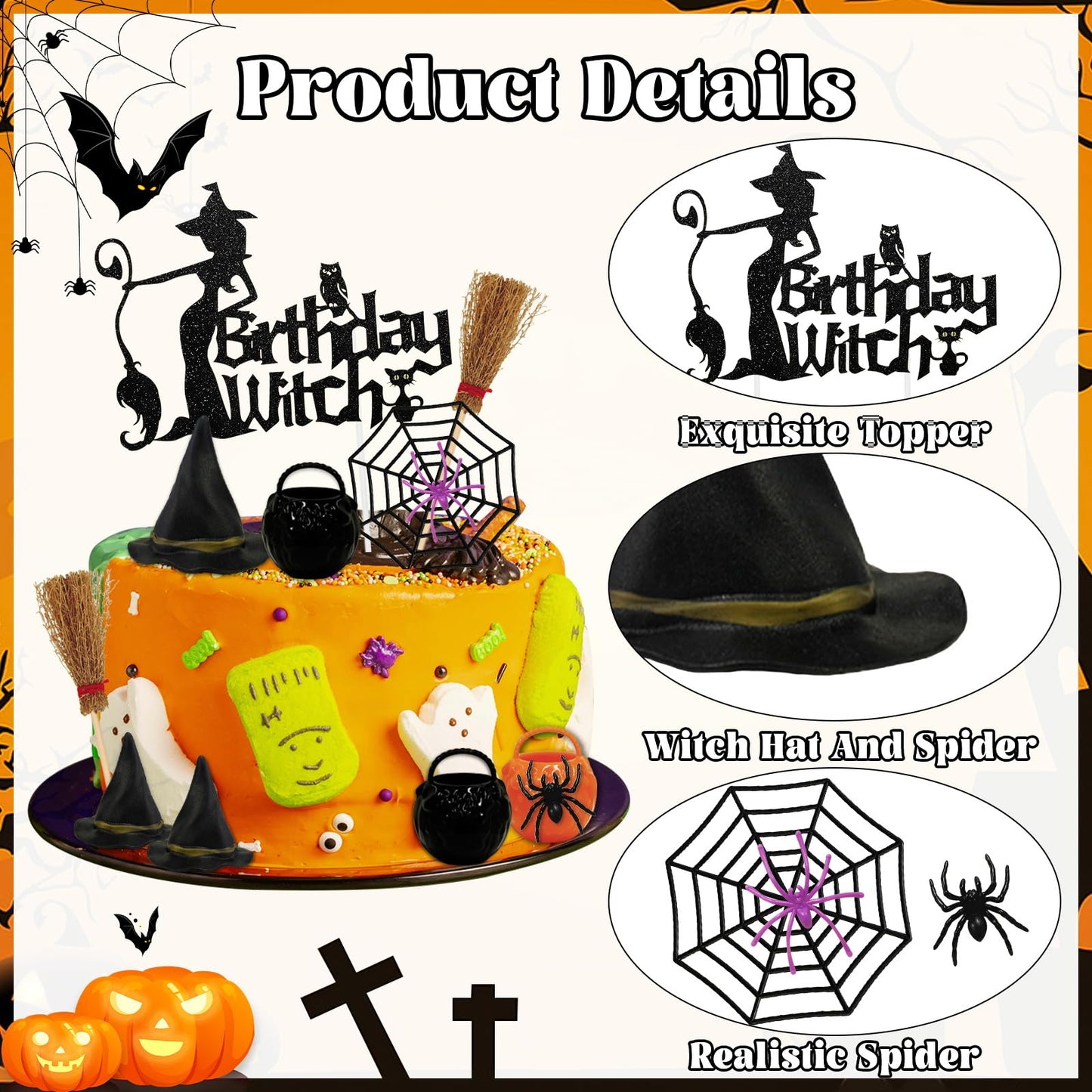 Morofme 13pcs Witch Cake Topper Halloween Cake Decoration Halloween Witch Cakes Decorations Black Themed Cupcake Toppers Hat Broom Spider Web Glitter Happy Birthday Decor for Scary Party Supplies