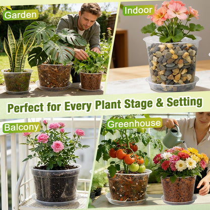 FUOAUYK 12 Inch Clear Nursery Pots with Drainage and Saucers, 5 Pack Large Clear Plastic Nursery Pots for Plants, Seedling Plant Pots for Repotting and Growing Plants, Flowers & Vegetables (12 inch)