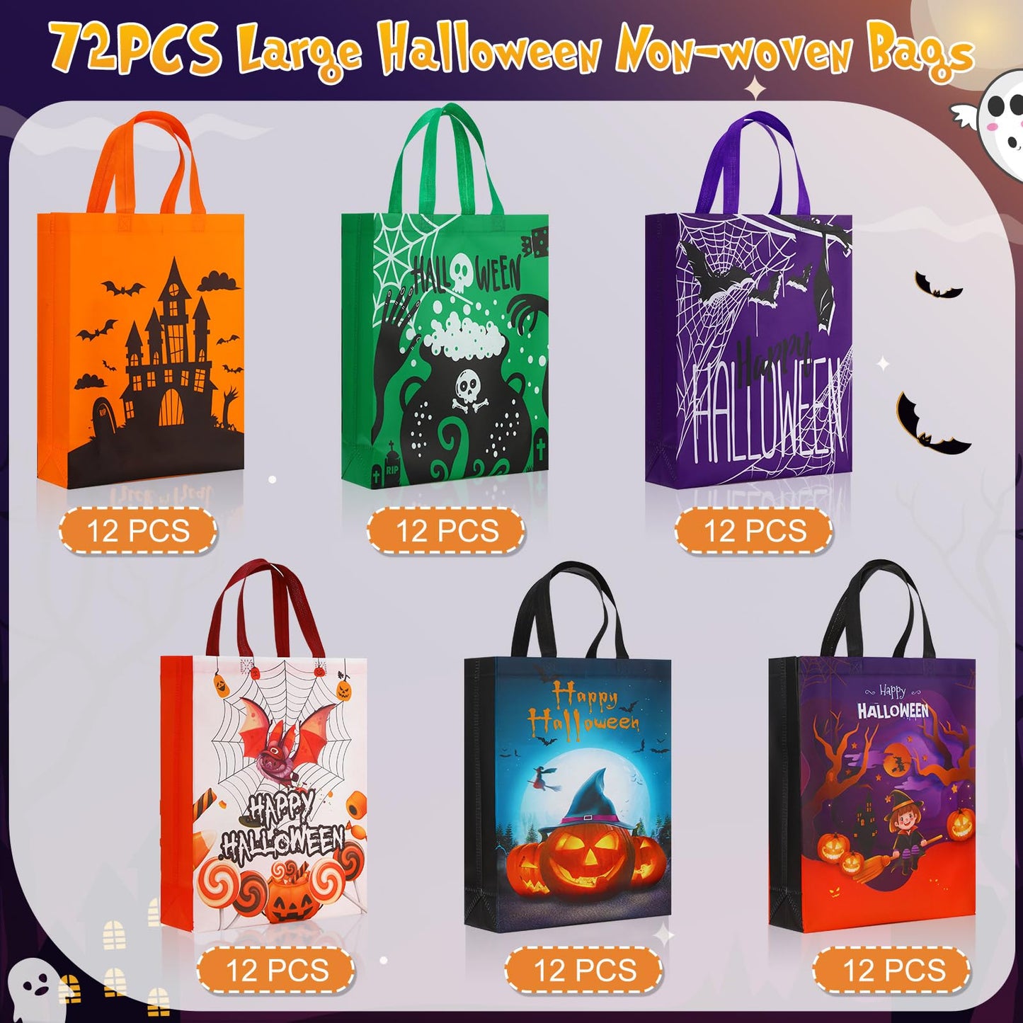 Paterr 72 Pcs Halloween Tote Gift Bags 14.96 x 11.8'' Large Trick or Treat Bags Non Woven Candy Treat Goody Reusable Tote for Halloween Party Supplies
