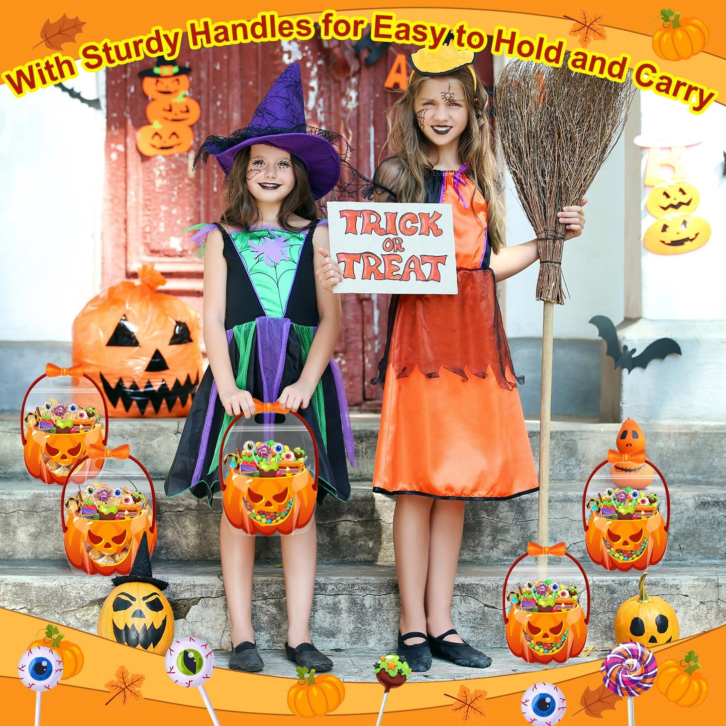 Fuutreo 36 Pcs Halloween Bags Plastic Halloween Goodie Bags with Handles Scary Holiday Sealed Pouch Sealing Pumpkin Treat Candy Pouch for Scary Holiday Party Candy Gift Supplies Decoration(Pumpkin)