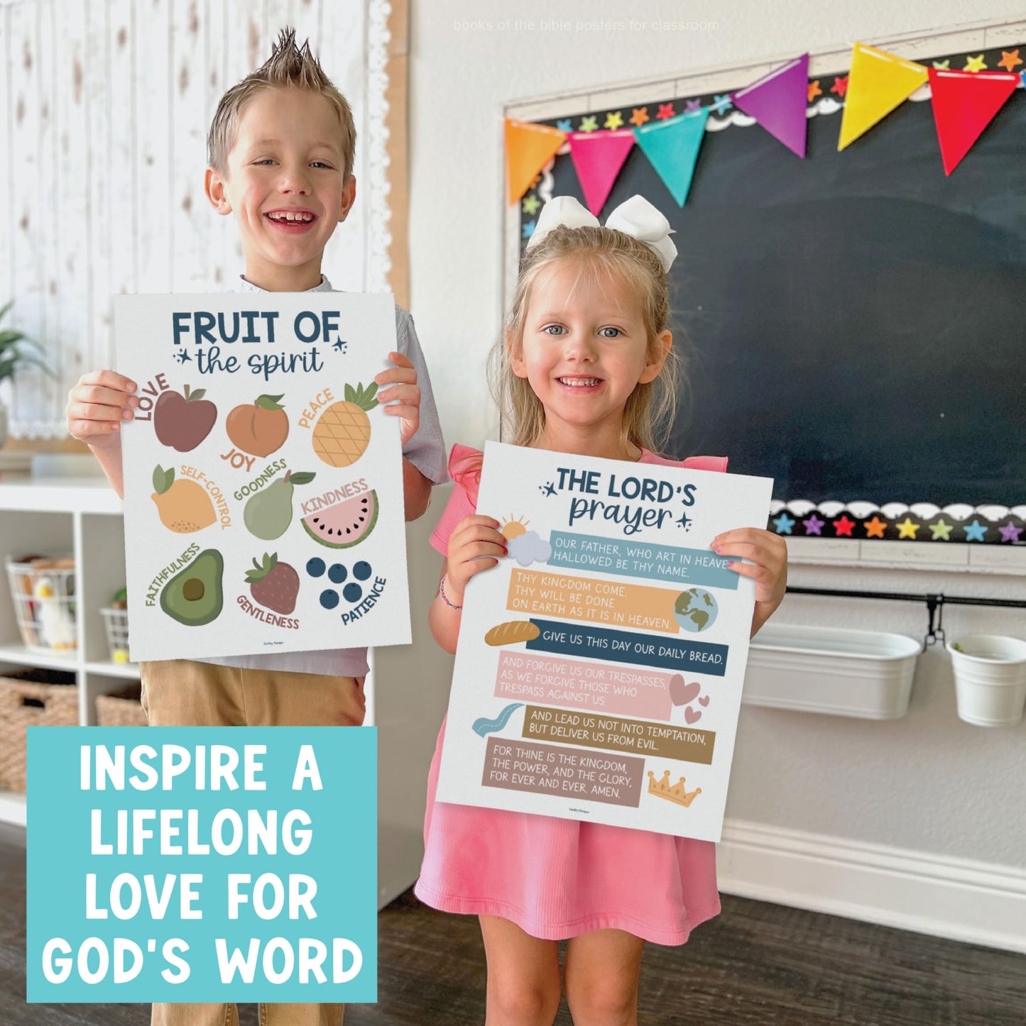 Hadley Designs Sunday School Decorations for Classroom –9 Bible Posters for Kids, Books of the Bible, 10 Commandments, Bible Timeline Chart, Fruits of the Spirit, Boho Christian Classroom Decor