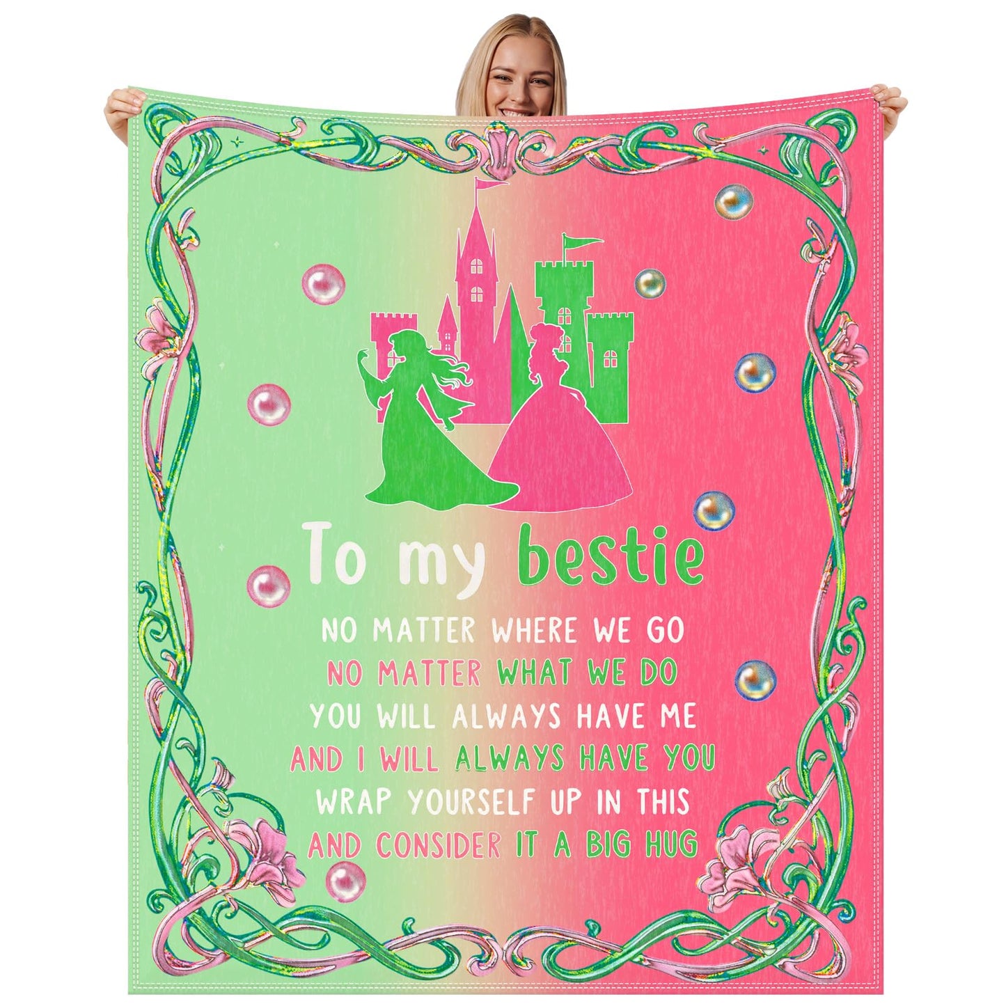 Hillsuren Witch Theme Blanket for Girls Pink and Green Throw Blanket to My Bestie Flannel Blankets 50 x 60 Inch Fun Witch Team Gifts for Women Christmas Halloween Thanksgiving Gift Decoration