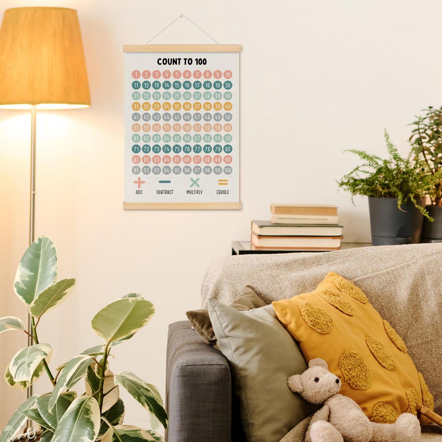 MOTERMATE Boho 1-100 Number Chart Wall Art Poster, Educational Toddler Learning Homeschool Canvas Poster Hanger Frame for Preschoolers, Hundreds 100 Chart Wall Hanging Decor for Kids Classroom,12x16In