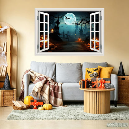 Fake Window Wall Decals Halloween Pumpkin Castle Bat Night View Terror Mural Faux Window Sticker Poster Open Wall Art Picture， for Room Office Decor Stick and Peel Natural Scenery Scene 16“x24”