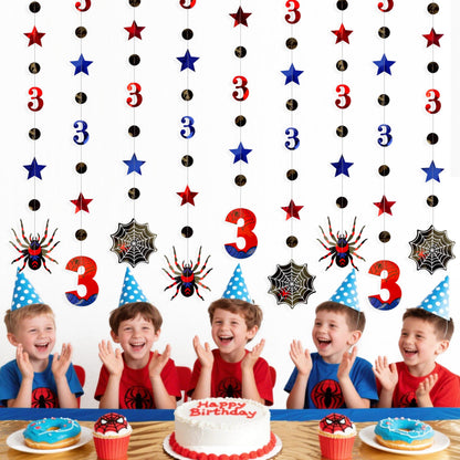 42Ft Spider 3rd Birthday Party Decorations Red Blue Stars and Black Spider Web Garland Streamer for Kids Boys 3rd Cartoon Spiders Birthday Super Heros Baby Shower Cartoon Bday Party Decor Supplies