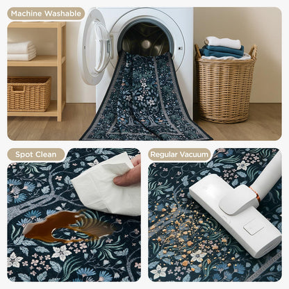 Joydeco Machine Washable Area Rugs 5x7, Boho Floral Rug for Bedroom Non Slip, Soft Forest Botanical Low-Pile Floor Indoor Throw Carpet for Living Dining Room Dorm Office, Black