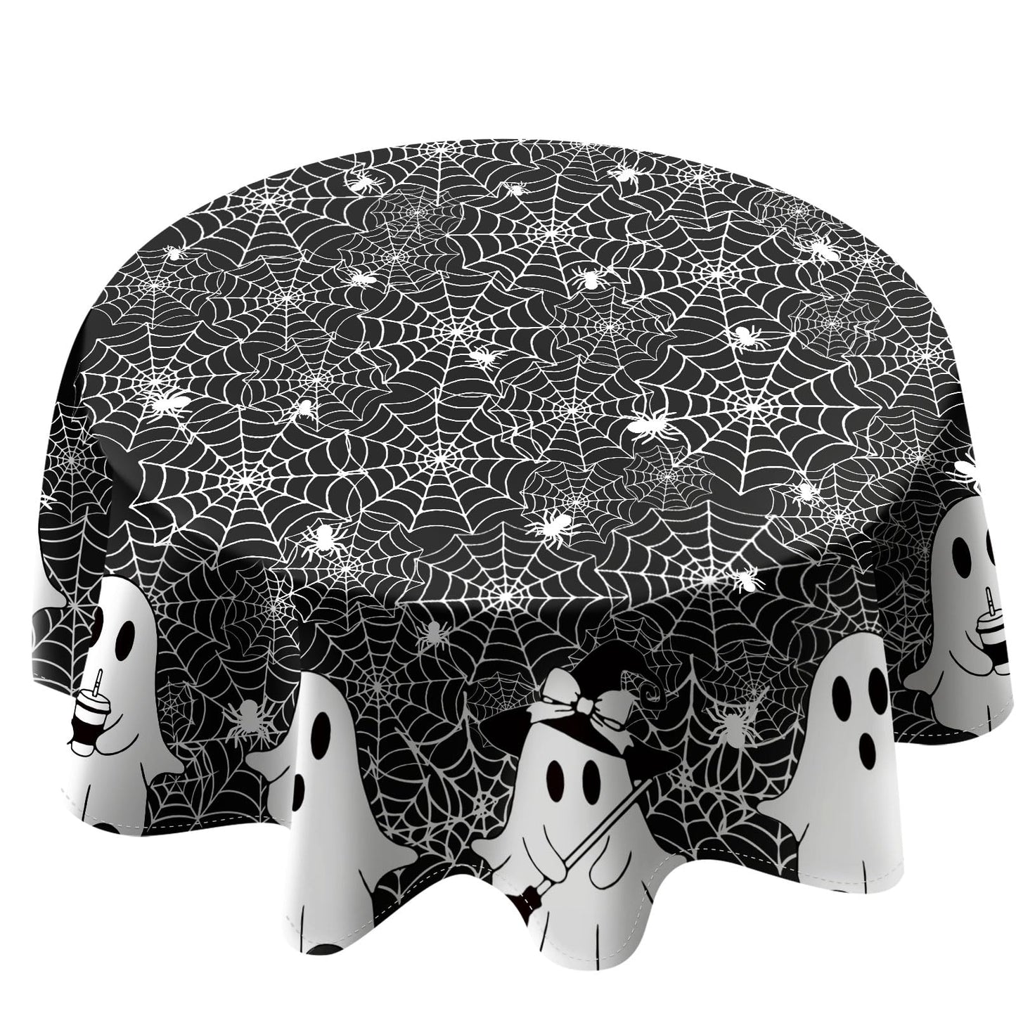QIALETS Halloween Tablecloth Round 60 Inch Spooky Ghost Spider Web Black Table Covers Washable for Indoor Outdoor Dining Home Party Holiday Decorations