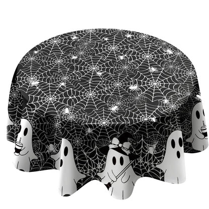 QIALETS Halloween Tablecloth Round 60 Inch Spooky Ghost Spider Web Black Table Covers Washable for Indoor Outdoor Dining Home Party Holiday Decorations