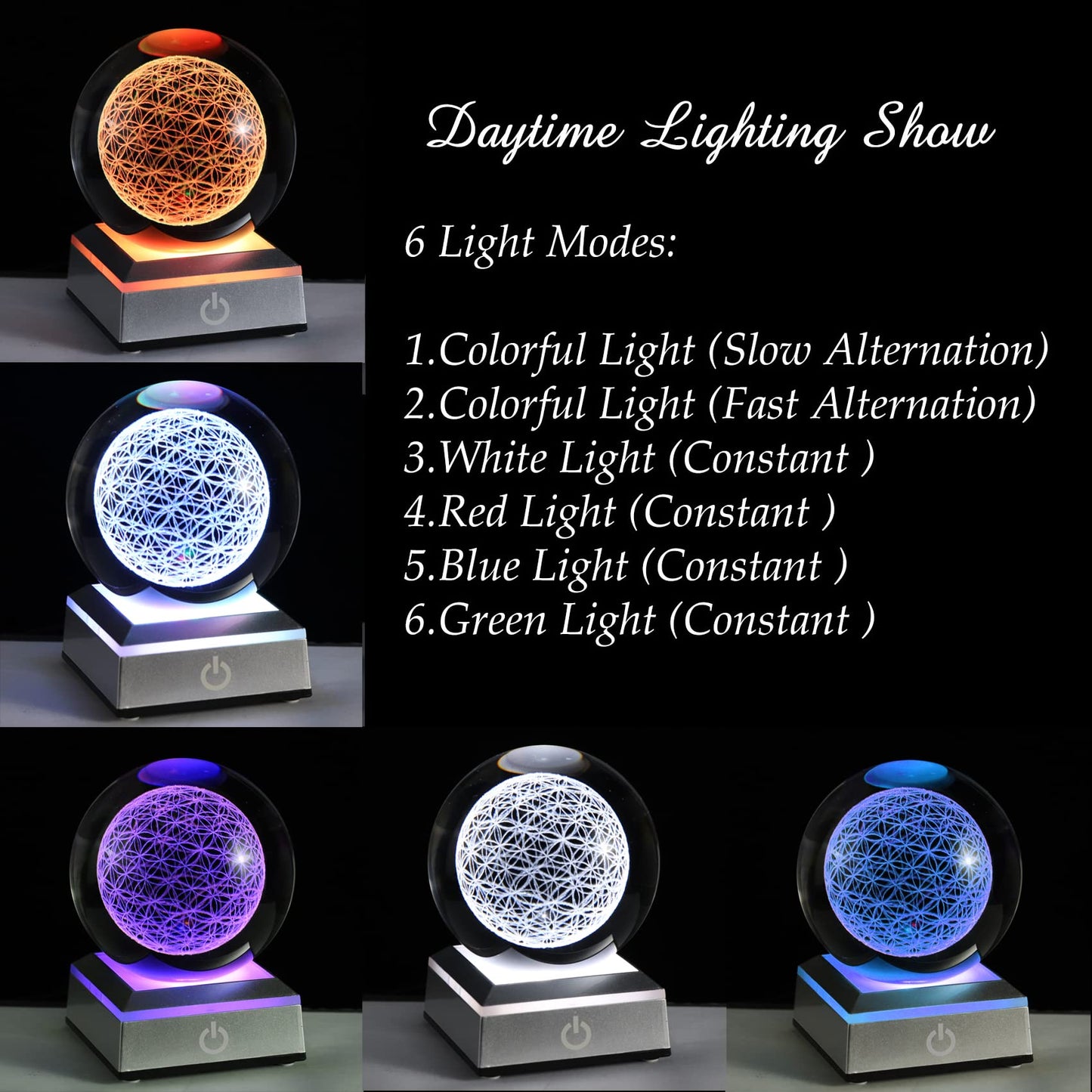 Qianwei Flower of Life Crystal Sphere with Led Colorful Lighting Touch Base, Sacred Geometry Crystal Ball Starlight Magic, Feng Shui Decor Laser Engraved Seek of Flower Inside A Sphere