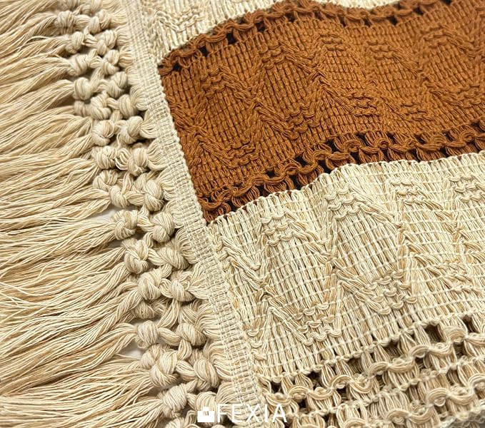 FEXIA Table Runner 90 Inch Thanksgiving Decor with Tassels for Boho Macrame Farmhouse Style, Party Wedding Bridal Shower Decor, Brown (12x90 Inches)