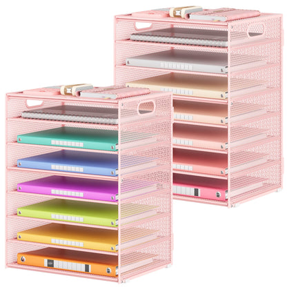 Lavatino 2 Pack 8-Tier Office Desk File Organizer, Letter Tray Paper Organizer with Handle, Including 5 Adjustable Slide Trays for Organizing Desk Workspace Accessories and Supplies (Pink Mesh)