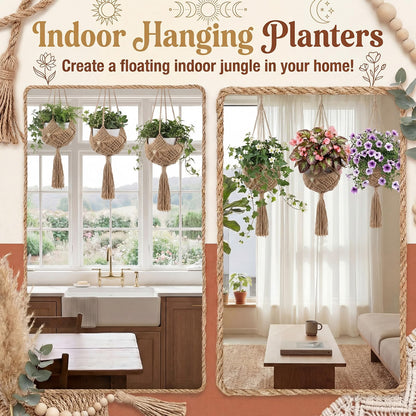 Sliner 3 Pack Jute Crochet Plant Hanging Baskets with Lights and Hooks Macrame Plant Hangers Boho Hanging Baskets for Indoor and Outdoor Home Decor, 3 Different Size